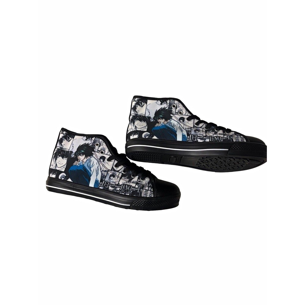 Anime Graphic Print Mid Top Lace-Up Sneakers Black White Blue Unisex Adults